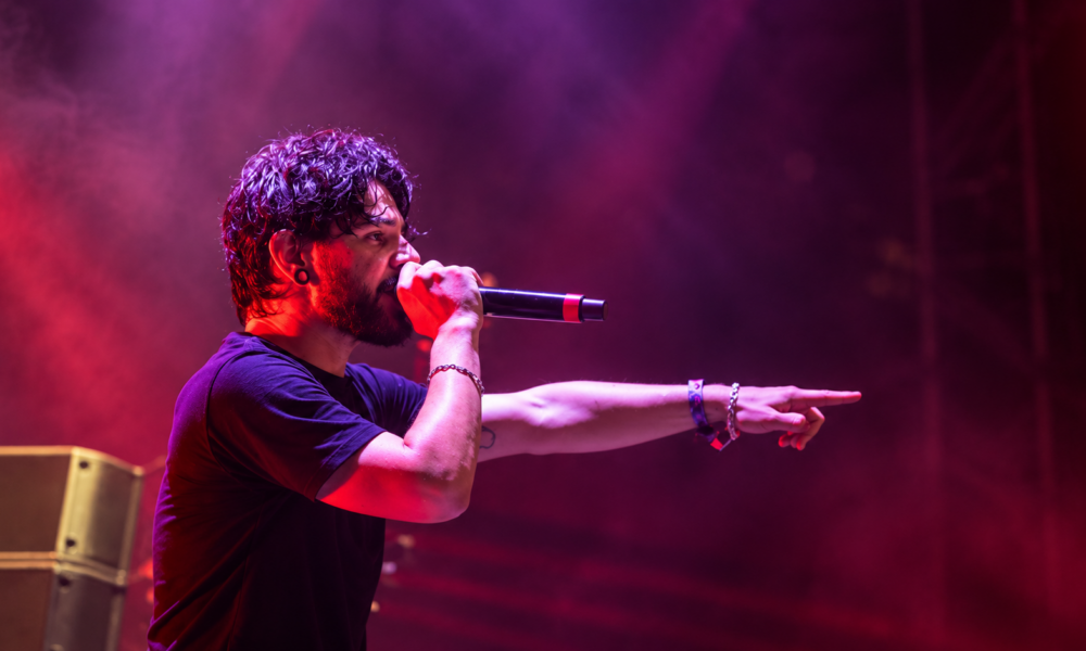 Skrillex performing on stage with a microphone under red and purple lighting.