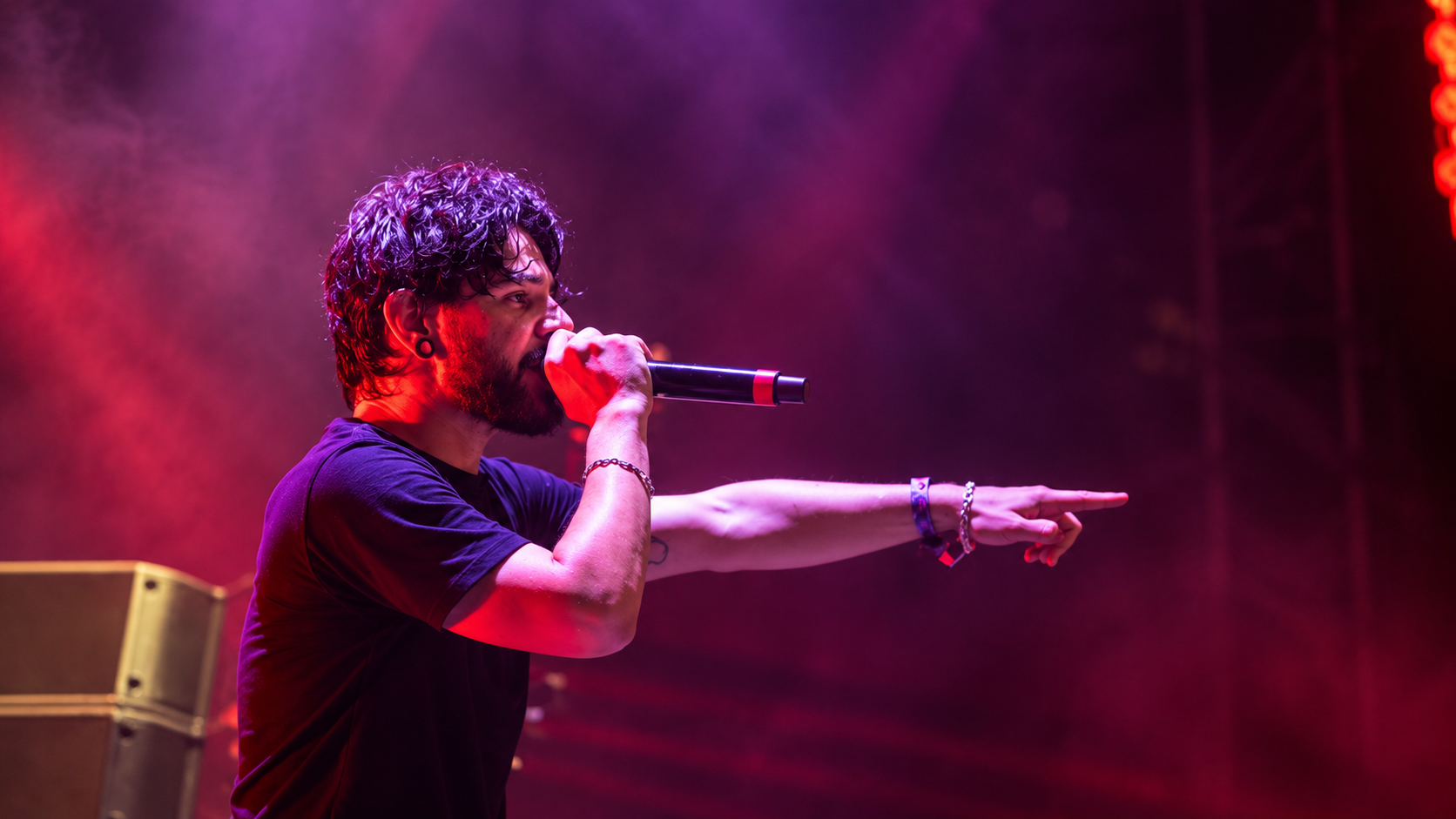 Skrillex performing on stage with a microphone under red and purple lighting.