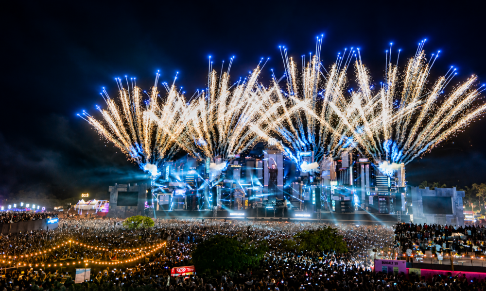 Sunburn Festival main stage in Mumbai with fireworks above the crowd during a nighttime performance.