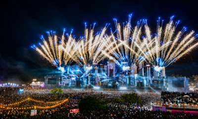 Sunburn Festival main stage in Mumbai with fireworks above the crowd during a nighttime performance.