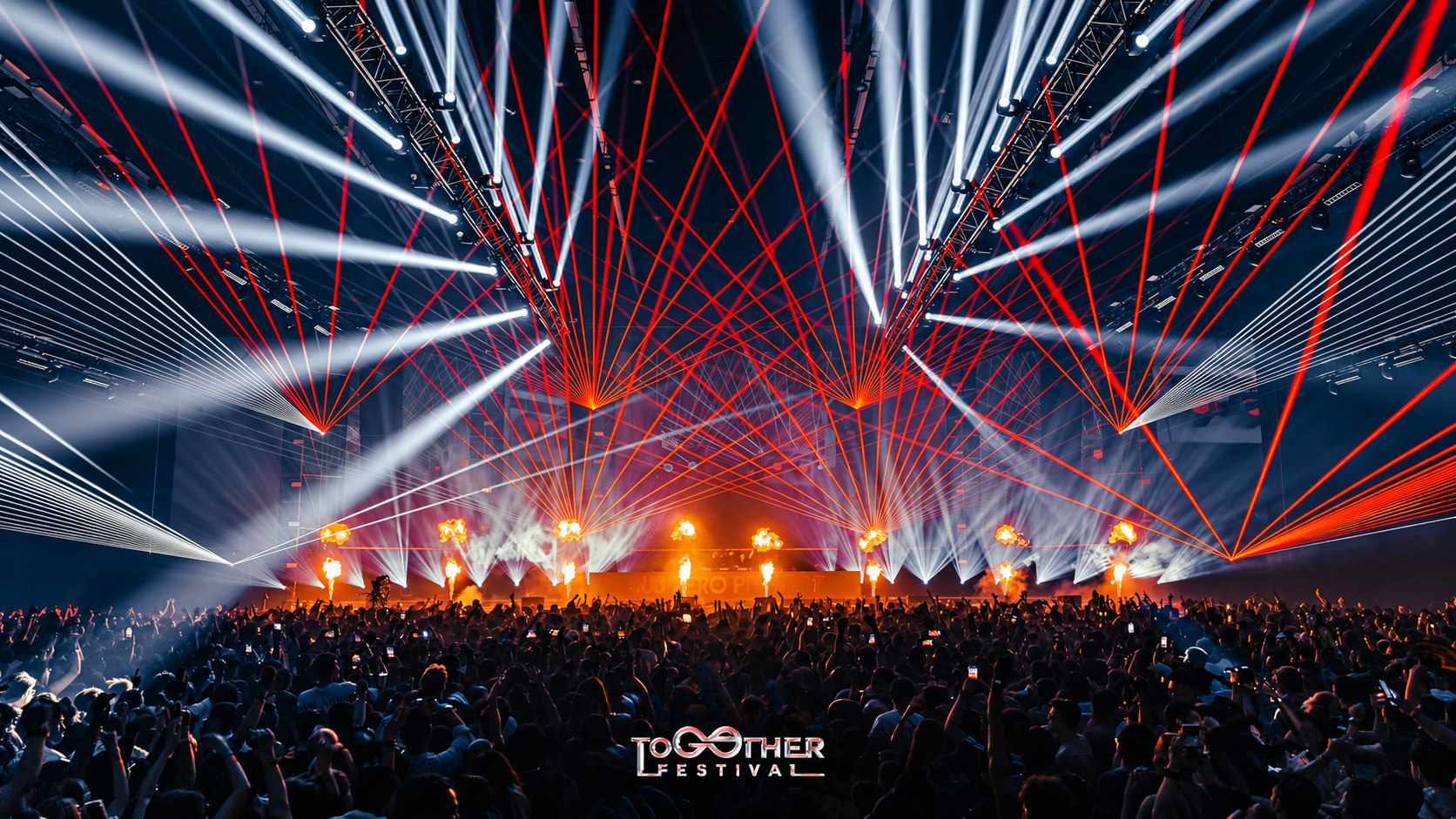 Together Festival stage at BITEC Bang Na with red lasers, white lights, flames and a large crowd