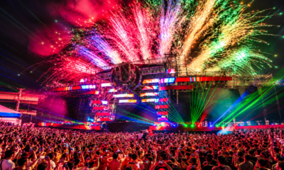 Ultra Taiwan Mainstage surrounded by fireworks and lasers as a large crowd watches the festival in Taipei