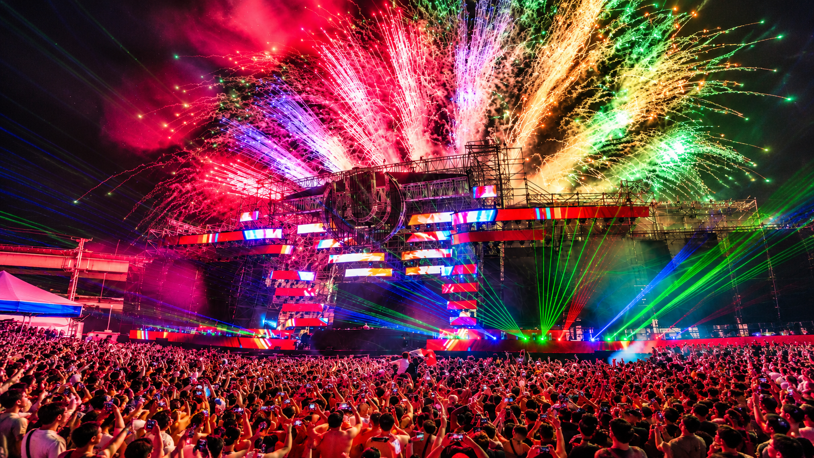 Ultra Taiwan Mainstage surrounded by fireworks and lasers as a large crowd watches the festival in Taipei