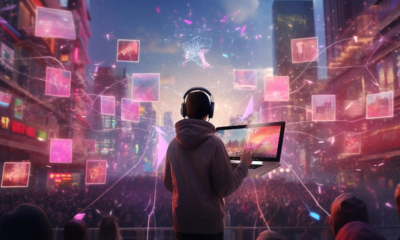 Person in headphones holding a laptop above a crowd, surrounded by floating pink digital screens in a neon city