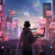 Person in headphones holding a laptop above a crowd, surrounded by floating pink digital screens in a neon city