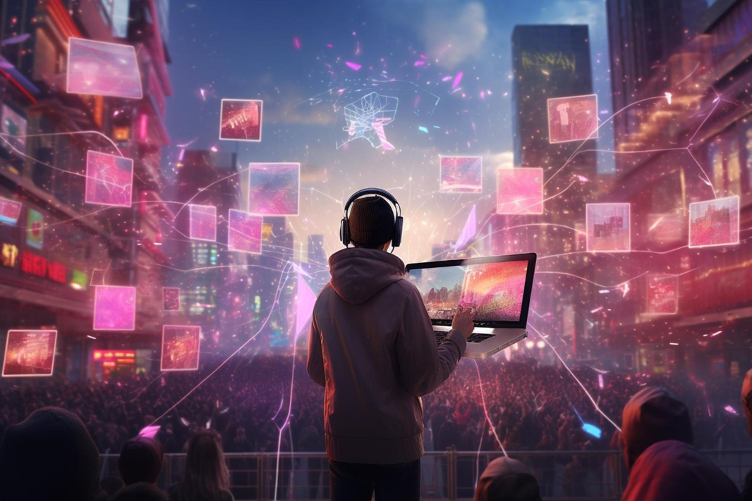 Person in headphones holding a laptop above a crowd, surrounded by floating pink digital screens in a neon city
